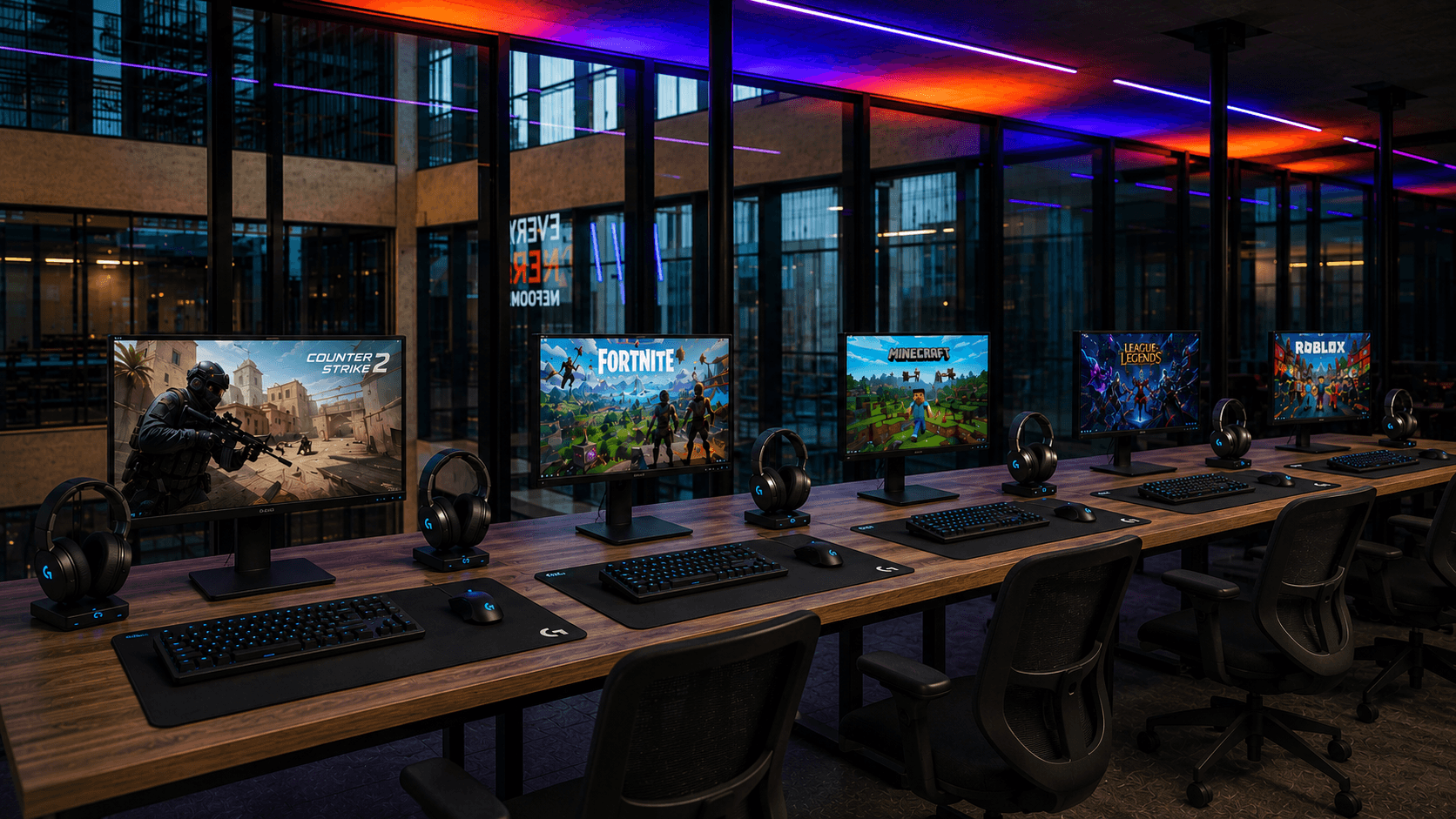 Fileira de estações de PC da Arena Hero Base — monitores gamer com setup completo Logitech G prontos pra torneio